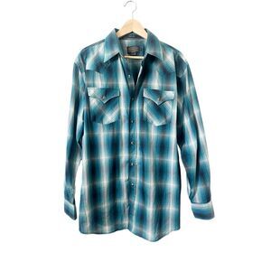Pendleton Frontier Blue Plaid Snap Down Collared Long Sleeve Shirt Large
